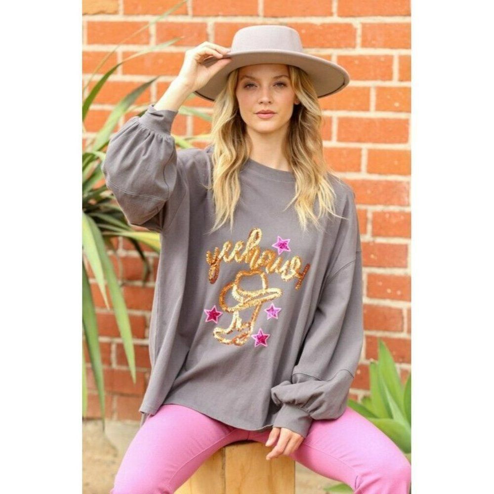 Fantastic Fawn Charcoal Yeehaw Star Sequin Patch Knit Western Top IFKT51844-04 - Picture 11 of 12
